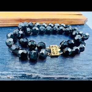 Vintage black faceted glass beads 2-strand bracelet gold tone clasp 7.25”